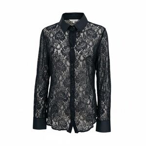 Eva mendes New York Black Sheer Floral Lace Button-Up Blouse XL
